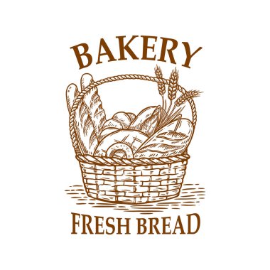 Elle çizilmiş fırın sepeti ve ekmek. Poster, kart, pankart, amblem ve imza için tasarım öğesi. Vektör illüstrasyonu