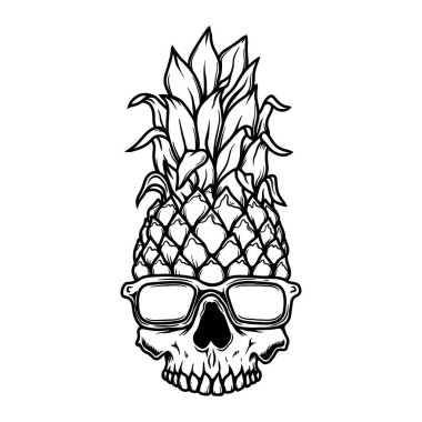 Güneş gözlüklü ananas kafatası resmi. Yaz teması. Poster, kart, pankart, amblem ve imza için tasarım öğesi. Vektör illüstrasyonu