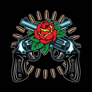 Güllerle çapraz silahlar. Poster, kart, pankart, amblem ve imza için tasarım öğesi. Vektör illüstrasyonu