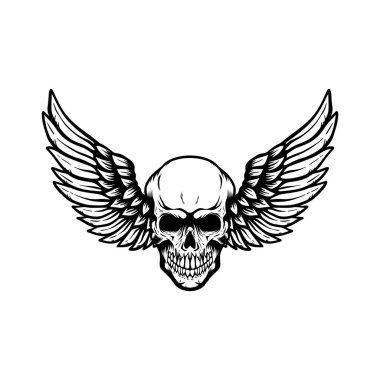 Kanatlı kafatası. Amblem, işaret, rozet ve logo için tasarım elemanı. Vektör illüstrasyonu