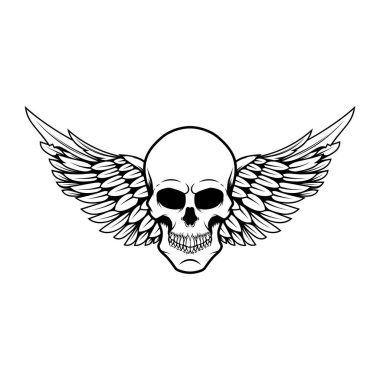 Kanatlı kafatası. Amblem, işaret, rozet ve logo için tasarım elemanı. Vektör illüstrasyonu