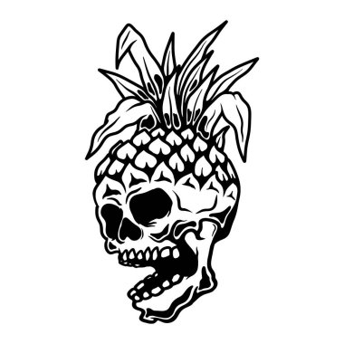 Ananas kafatası tasviri. Yaz teması. Poster, kart, pankart, amblem ve imza için tasarım öğesi. Vektör illüstrasyonu