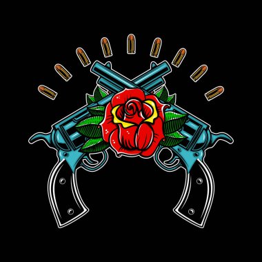 Güllerle çapraz silahlar. Poster, kart, pankart, amblem ve imza için tasarım öğesi. Vektör illüstrasyonu