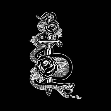 Arka planda güllerle yılan var. Poster, tişört, kart ve afiş için tasarım elemanı. Vektör illüstrasyonu