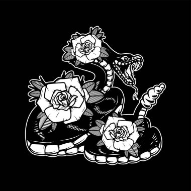 Arka planda güllerle yılan var. Poster, tişört, kart ve afiş için tasarım elemanı. Vektör illüstrasyonu