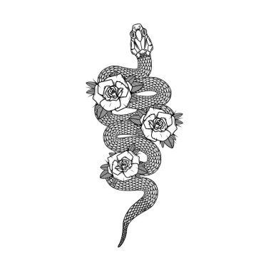 Arka planda güllerle yılan var. Poster, tişört, kart ve afiş için tasarım elemanı. Vektör illüstrasyonu