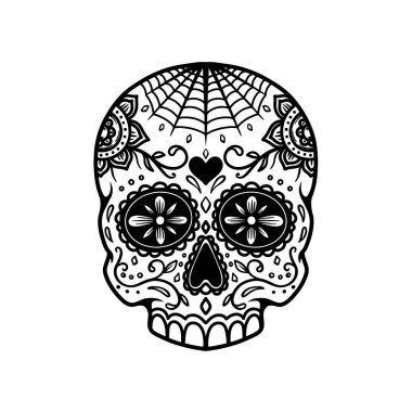 Meksika şeker kafatası tasviri. Amblem, işaret, poster, paket tasarımı için tasarım ögesi. Vektör illüstrasyonu