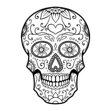 Meksika şeker kafatası tasviri. Amblem, işaret, poster, paket tasarımı için tasarım ögesi. Vektör illüstrasyonu