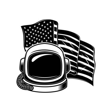 Amerikan bayrağında astronot miğferi. Poster, kart, pankart, tasarım için tasarım ögesi. Vektör illüstrasyonu