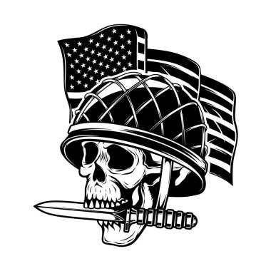 Amerikan bayraklı kasklı bir kafatası. Asker kafatası. Poster, kart, pankart, imza için tasarım elemanı. Vektör illüstrasyonu