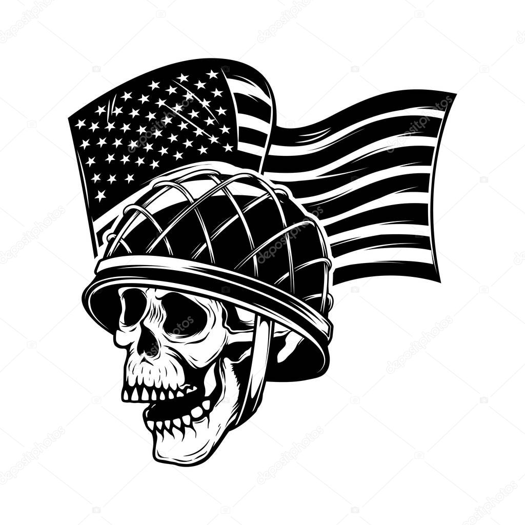 Skull in army helmet on usa flag background. Soldier skull. Design element for poster, card, banner, sign. Vector illustration