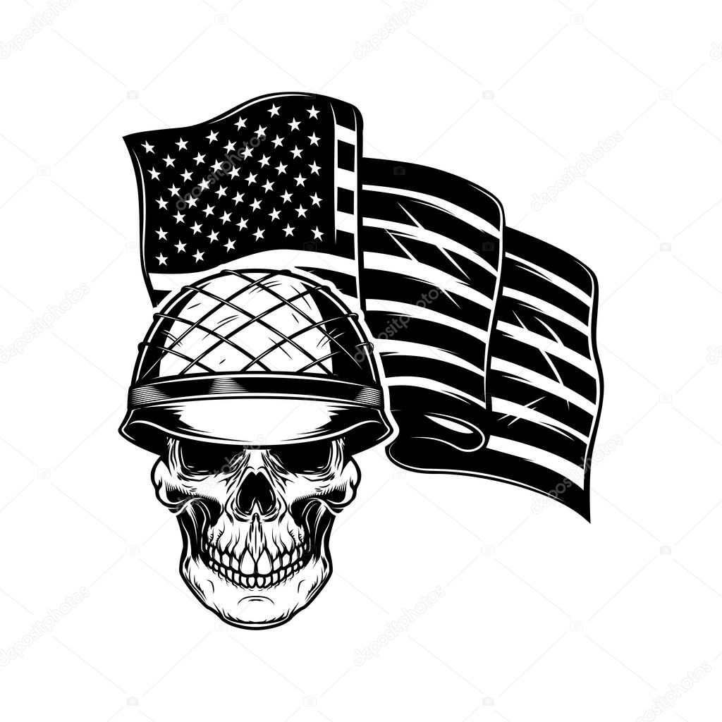 Skull in army helmet on usa flag background. Soldier skull. Design element for poster, card, banner, sign. Vector illustration