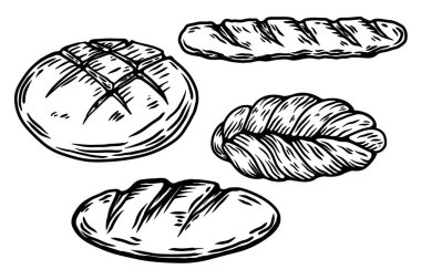 Elle çizilmiş ekmek çizimleri. Paket, afiş, el ilanı ve kart için tasarım ögesi. Vektör illüstrasyonu