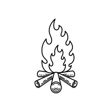 Kamp ateşi tasviri. Poster, kart, pankart, amblem ve imza için tasarım öğesi. Vektör illüstrasyonu