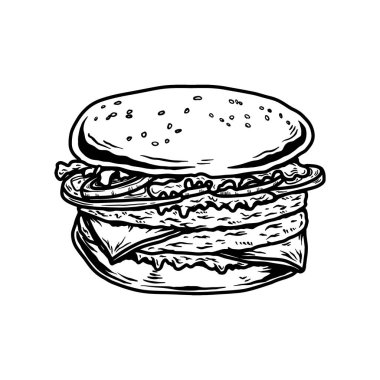 Hamburgerin kabartma tarzında çizimi. Poster, menü ve imza için tasarım ögesi. Vektör illüstrasyonu