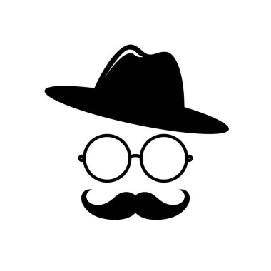 Klasik şapkalı ve bıyıklı bir beyefendi. Dekorasyon, poster ve afiş için tasarım elemanı. Vektör illüstrasyonu
