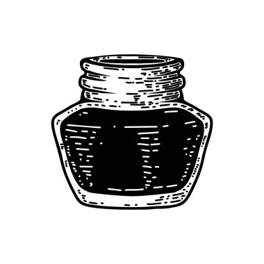 İşleme tarzında mürekkep hokkası tasviri. Kart, pankart ve menü için tasarım ögesi. Vektör illüstrasyonu