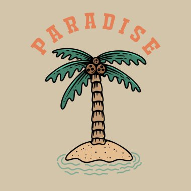 Palmiye ağacı olan bir ada tasviri. Poster, amblem, afiş, imza, tişört tasarımı. Vektör illüstrasyonu