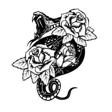 Arka planda güllerle yılan var. Poster, tişört, kart ve afiş için tasarım elemanı. Vektör illüstrasyonu