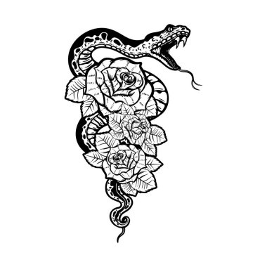 Arka planda güllerle yılan var. Poster, tişört, kart ve afiş için tasarım elemanı. Vektör illüstrasyonu