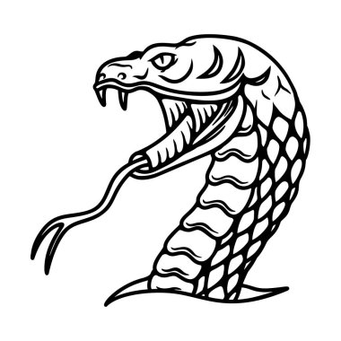 Yılan kafasının oymacılık tarzında bir tasviri. Poster, kart, pankart, amblem ve imza için tasarım öğesi. Vektör illüstrasyonu