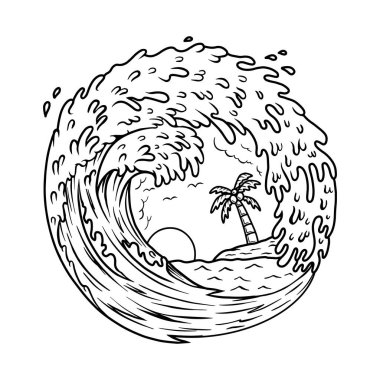 Avuç içi ve dalga görüntüsü. Vektör illüstrasyonu