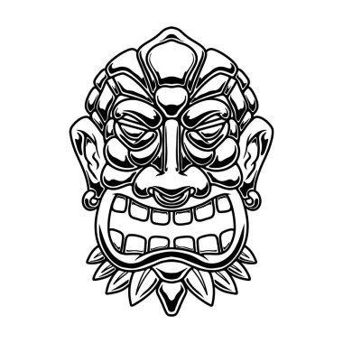 Tiki kabilesinin tahta maskesinin resmi. Logo, amblem, işaret, poster, kart, pankart için tasarım elemanı. Vektör illüstrasyonu