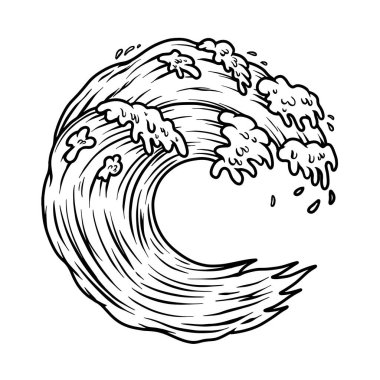 Okyanus dalgası tasviri. Poster, amblem, afiş, imza, tişört tasarımı. Vektör illüstrasyonu