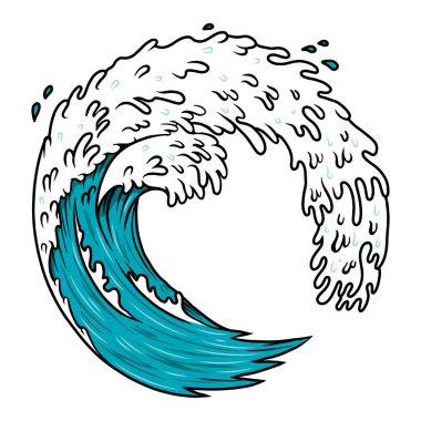 Okyanus dalgası tasviri. Poster, amblem, afiş, imza, tişört tasarımı. Vektör illüstrasyonu