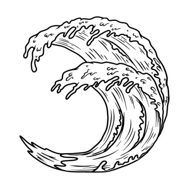 Okyanus dalgası tasviri. Poster, amblem, afiş, imza, tişört tasarımı. Vektör illüstrasyonu
