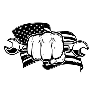 Amerikan bayrağı arka planında İngiliz anahtarı olan bir el resmi. Poster, kart, pankart, işaret, amblem için tasarım ögesi. Vektör illüstrasyonu