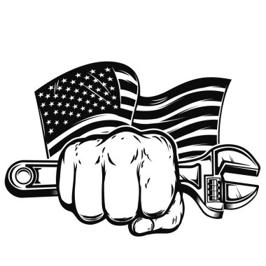 Amerikan bayrağı arka planında İngiliz anahtarı olan bir el resmi. Poster, kart, pankart, işaret, amblem için tasarım ögesi. Vektör illüstrasyonu