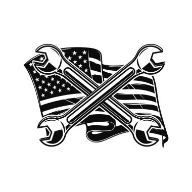 Bayrak arkaplanındaki çapraz boru anahtarlarının bir tasviri. Poster, kart, pankart, imza için tasarım elemanı. Vektör illüstrasyonu