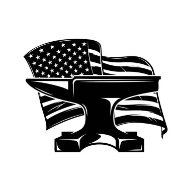 Amerikan bayrağında demirci örsünün resmi. Poster, kart, pankart, işaret, amblem için tasarım ögesi. Vektör illüstrasyonu