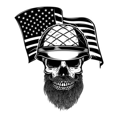 Amerikan bayraklı kasklı bir kafatası. Asker kafatası. Poster, kart, pankart, imza için tasarım elemanı. Vektör illüstrasyonu