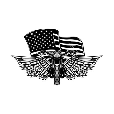 Amerikan bayraklı arka planda kanatlı motosiklet tasviri. Poster, kart, pankart, işaret, amblem için tasarım ögesi. Vektör illüstrasyonu