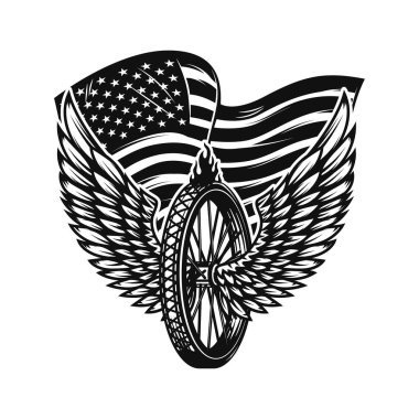 Amerikan bayrağının arka planında kanatlı tekerlek tasviri. Poster, kart, pankart, işaret, amblem için tasarım ögesi. Vektör illüstrasyonu