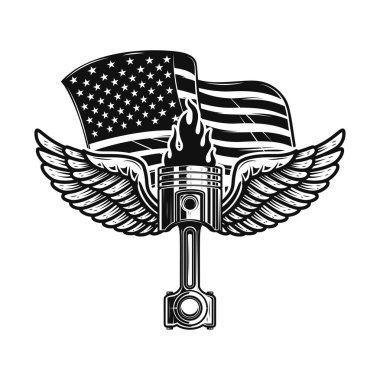 Amerikan bayrağının arka planında kanatlı piston tasviri. Poster, kart, pankart, işaret, amblem için tasarım ögesi. Vektör illüstrasyonu
