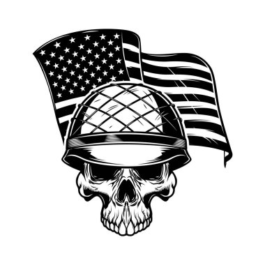 Amerikan bayraklı kasklı bir kafatası. Asker kafatası. Poster, kart, pankart, imza için tasarım elemanı. Vektör illüstrasyonu