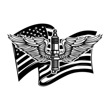Amerikan bayrağının arka planındaki kanatlı buji. Poster, kart, pankart, işaret, amblem için tasarım ögesi. Vektör illüstrasyonu