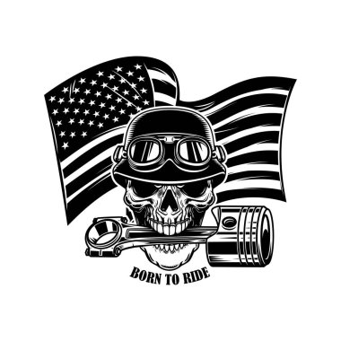 Amerikan bayraklarında piston olan kafatası tasviri. Poster, kart, pankart, işaret, amblem için tasarım ögesi. Vektör illüstrasyonu