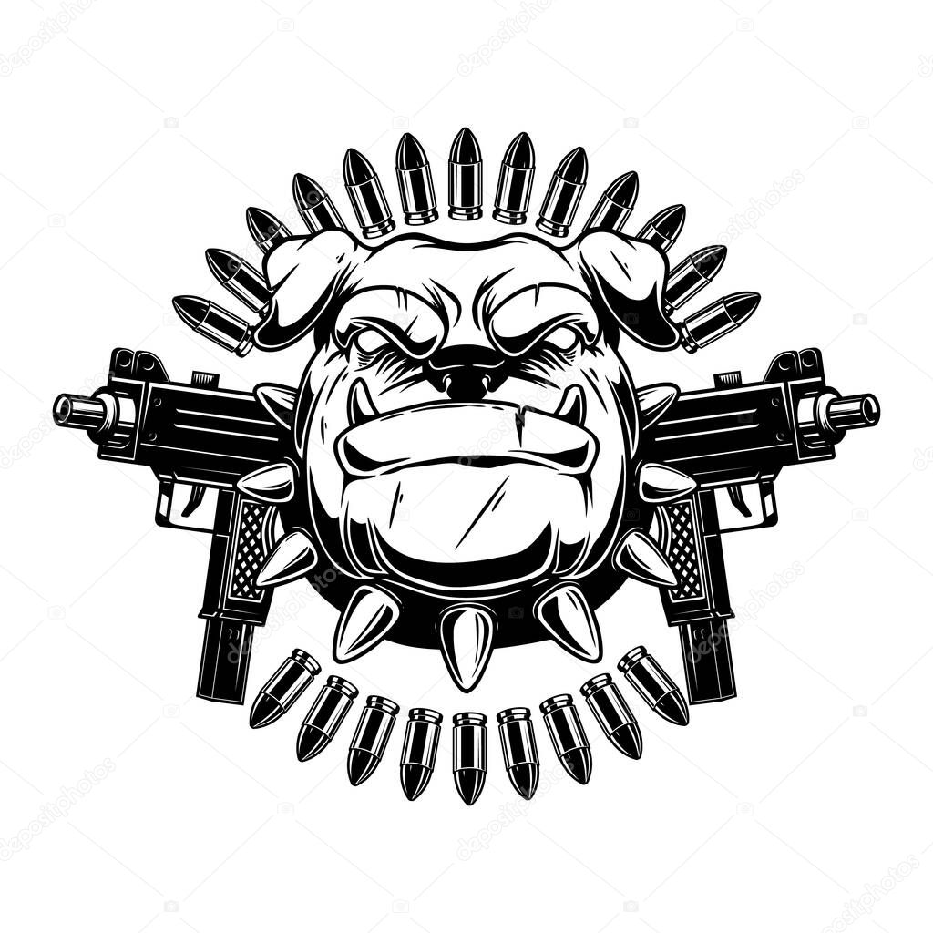Angry dog head with crossed assault rifles. Design element for poster, emblem, sign. Vector illustration