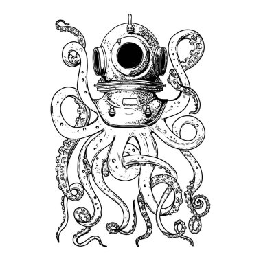 Ahtapot dokunaçlı klasik dalgıç miğferi. Poster, kart ve tişört için tasarım elemanı. Vektör illüstrasyonu