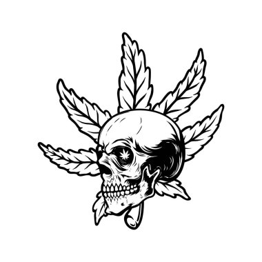 Marihuana yapraklı kafatası. Logo, amblem, işaret, poster tasarımı. Vektör illüstrasyonu