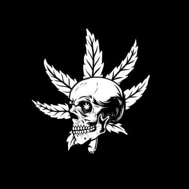 Marihuana yapraklı kafatası. Logo, amblem, işaret, poster tasarımı. Vektör illüstrasyonu