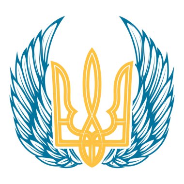 Kanatlı Ukrayna mızrağı. Ukrayna işareti. Etiket, rozet, amblem, poster kartı için tasarım. Vektör illüstrasyonu