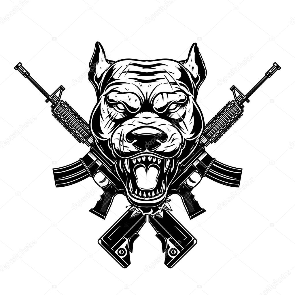 Angry dog head with crossed assault rifles. Design element for poster, emblem, sign. Vector illustration