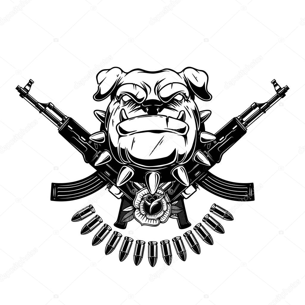Angry dog head with crossed assault rifles. Design element for poster, emblem, sign. Vector illustration