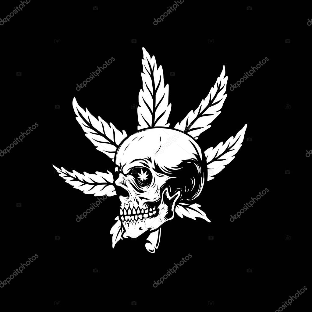 Skull with marijuana leaf. Design element for logo, emblem, sign, poster. Vector illustration