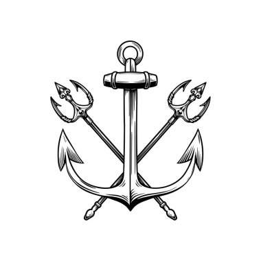 Çapraz mızraklı deniz çapası tasviri. Logo, işaret ve amblem için tasarım elemanı. Vektör illüstrasyonu